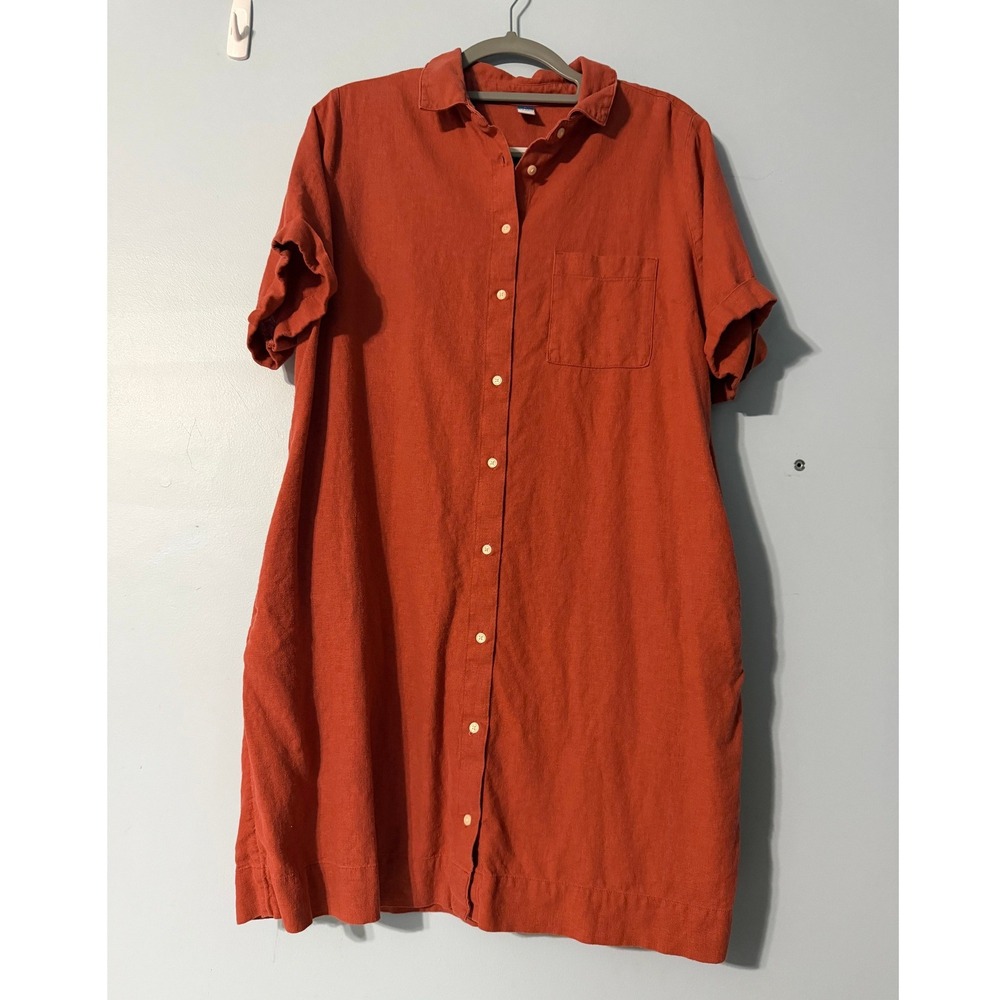 Old Navy Large Burnt Orange Linen Blend Button Down Dress Short Sleeve 2479